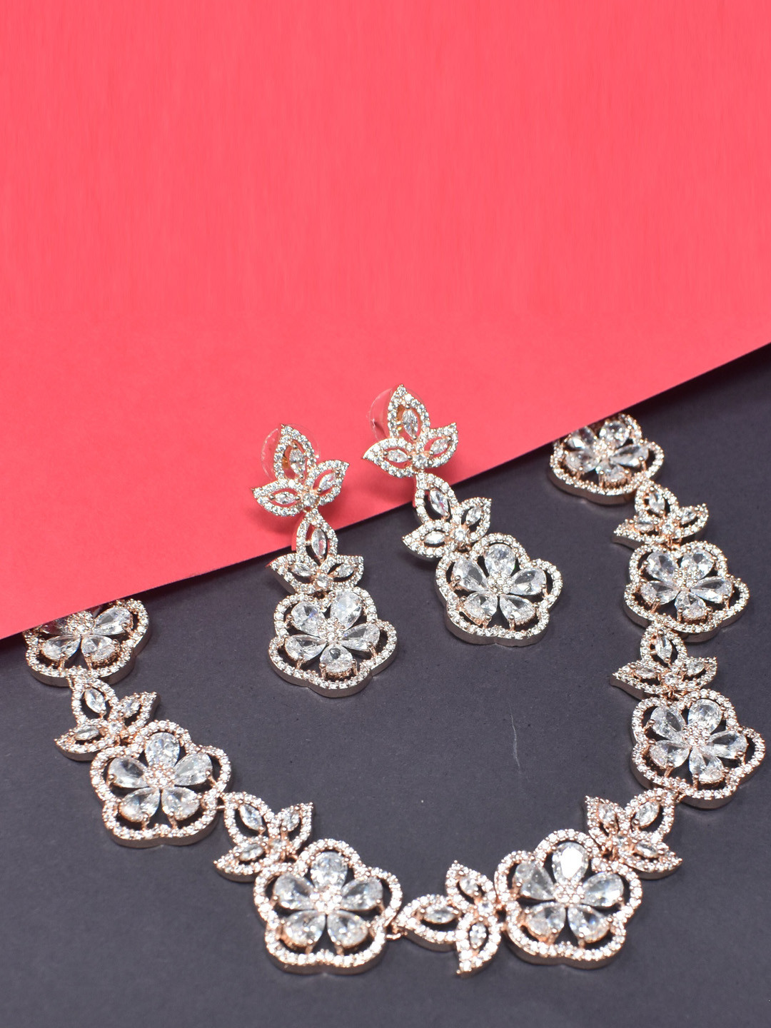 

STEORRA JEWELS Gold-Plated AD Studded Necklace and Earrings, White