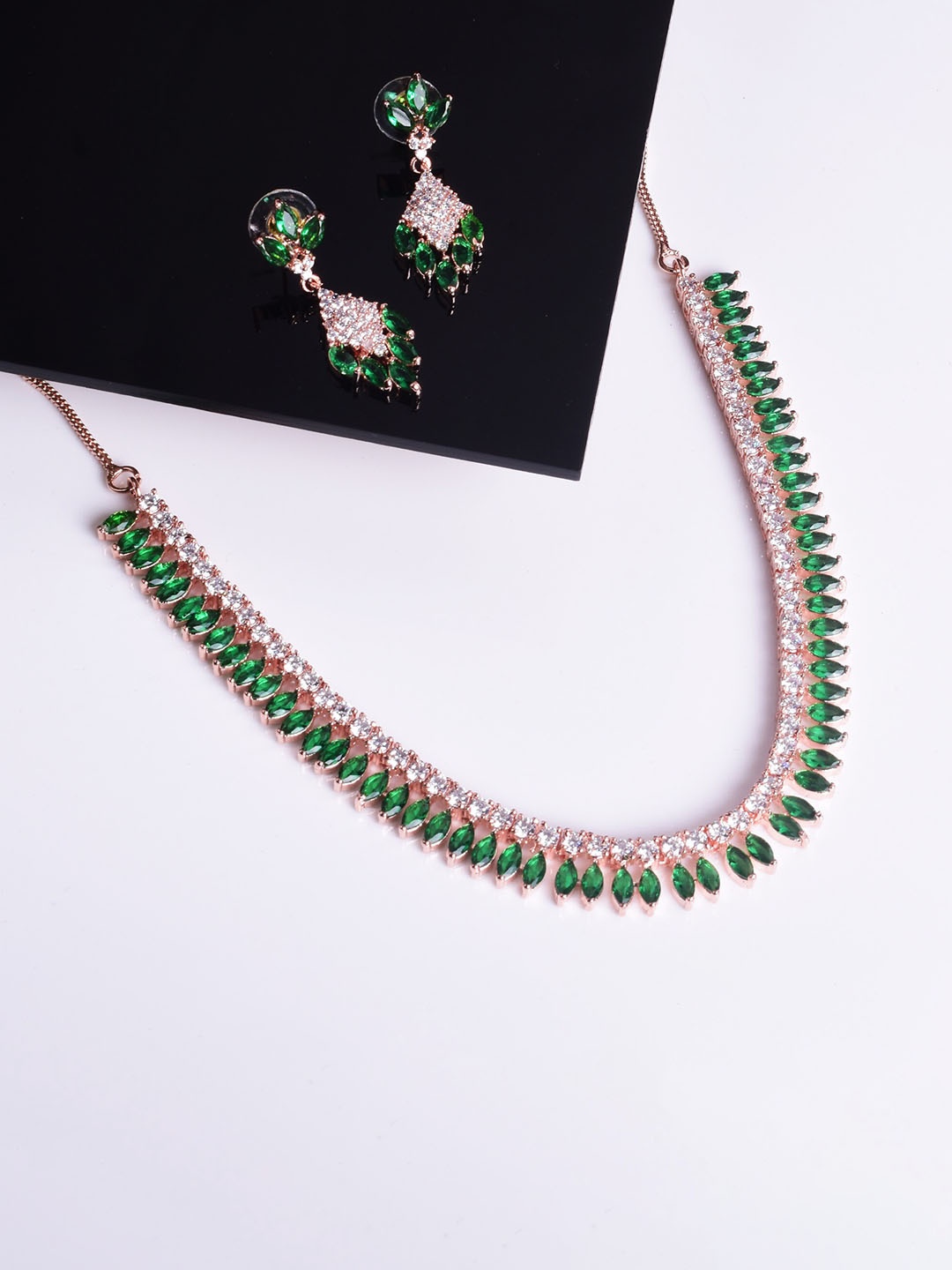 

STEORRA JEWELS Gold-Plated AD Stones-Studded Necklace and Earrings, Green