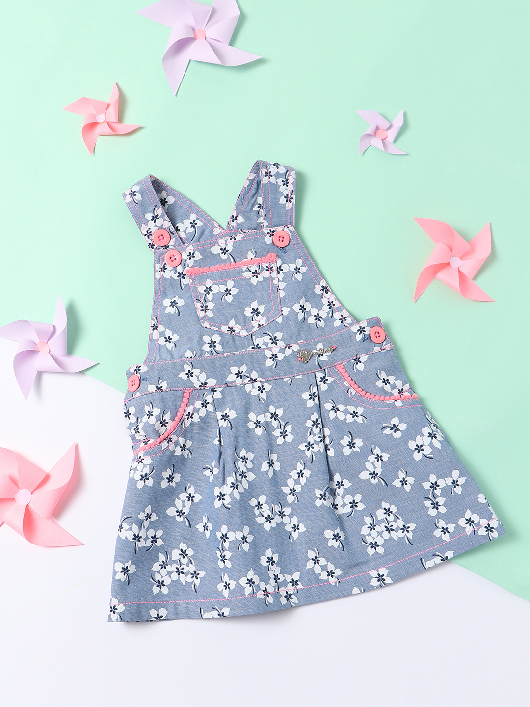 

Nauti Nati Girls Floral Printed Pure Cotton Pinafore Dress, Blue