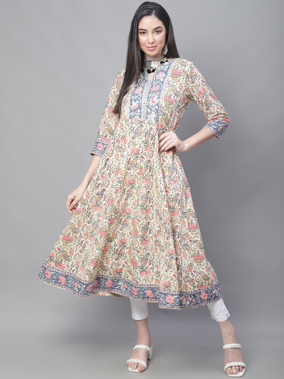 Cantabil Floral Printed Thread Work Anarkali Cotton Kurta, White