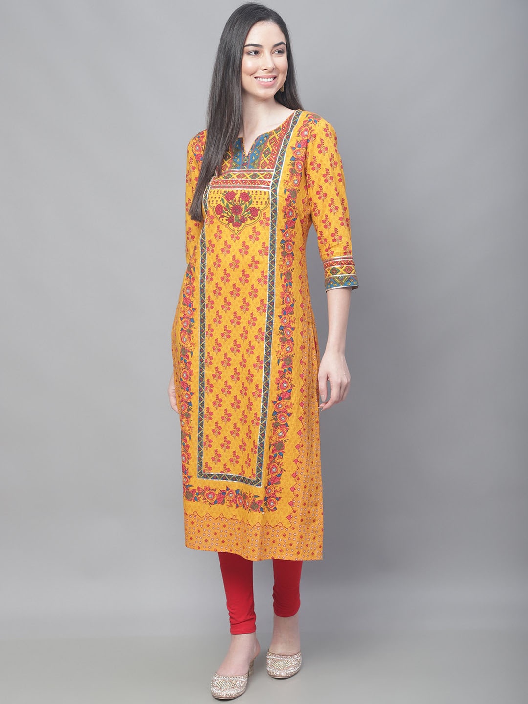

Cantabil Notched Neck Floral Printed Sequined Cotton Kurta, Mustard