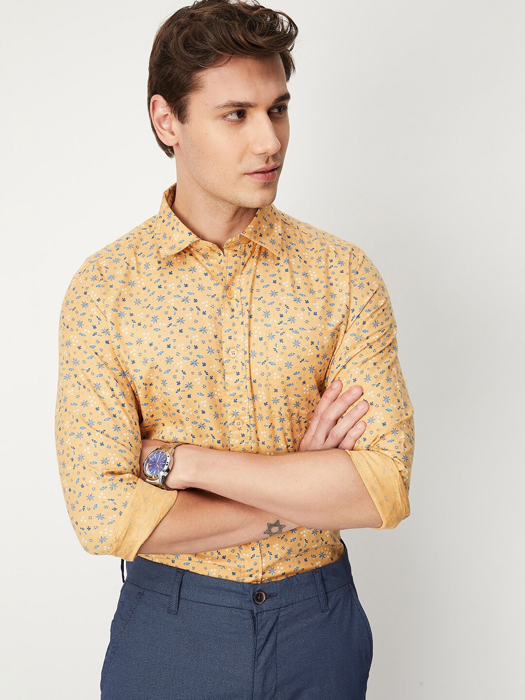 

max Men Floral Printed Pure Cotton Regular Fit Casual Shirt, Yellow