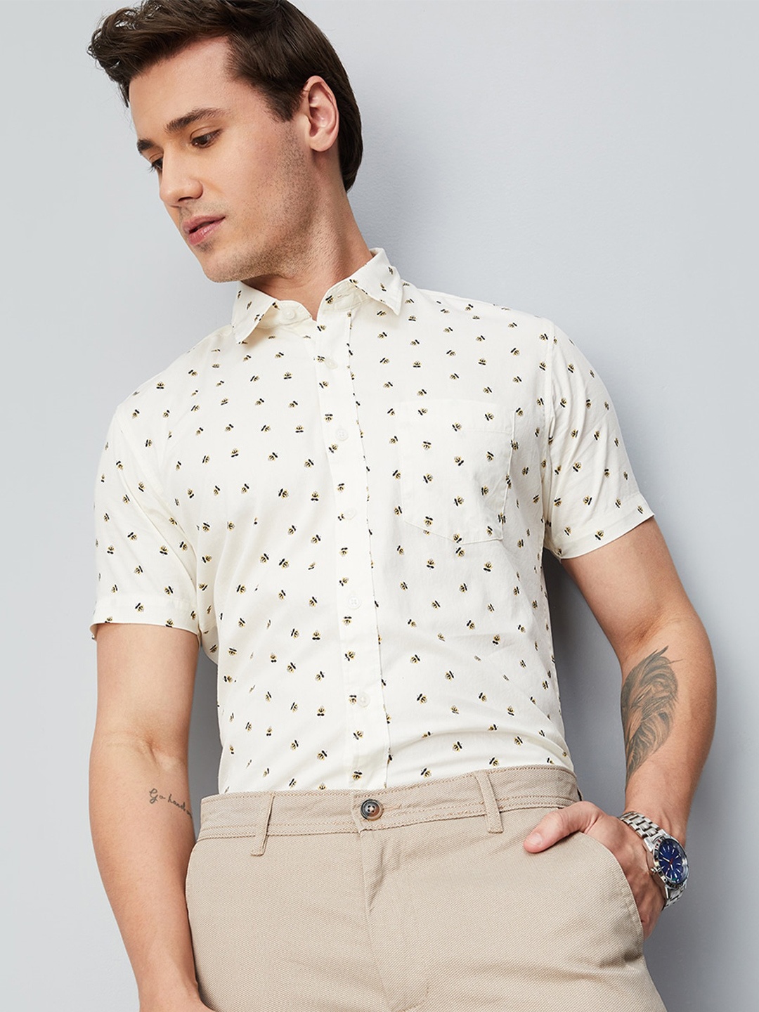 

max Men Printed Pure Cotton Regular Fit Casual Shirt, Beige