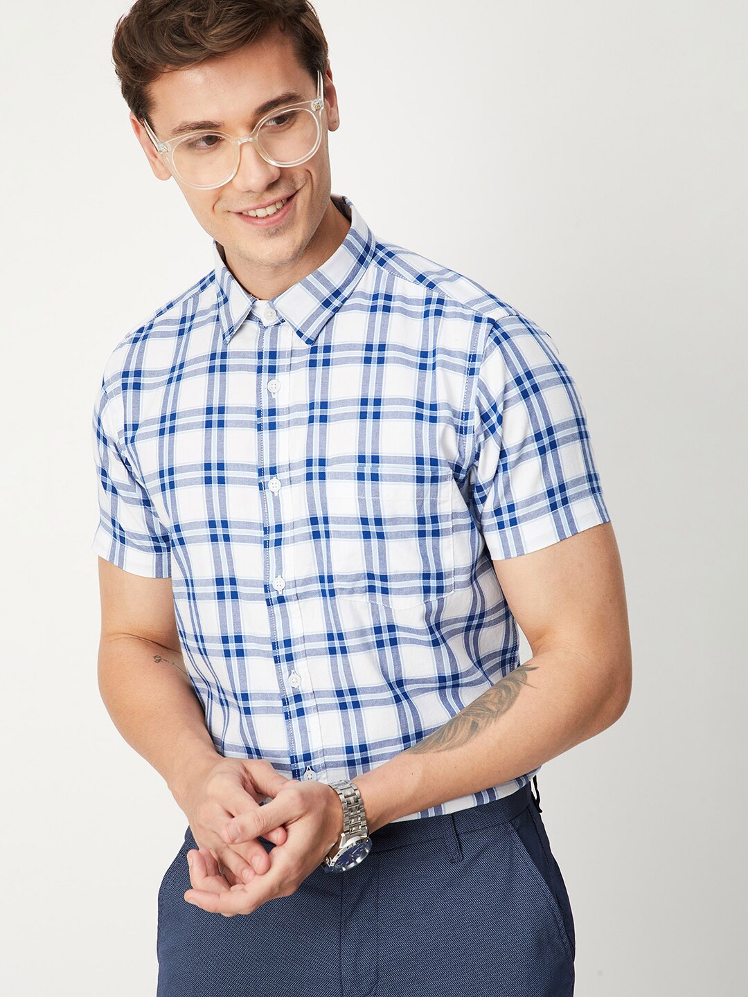

max Men Tartan Checked Pure Cotton Regular Fit Casual Shirt, White