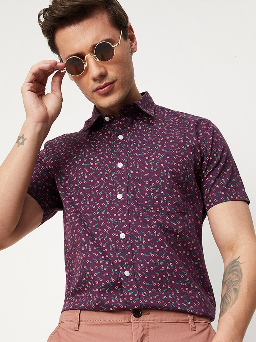 

max Men Floral Printed Pure Cotton Casual Shirt, Burgundy