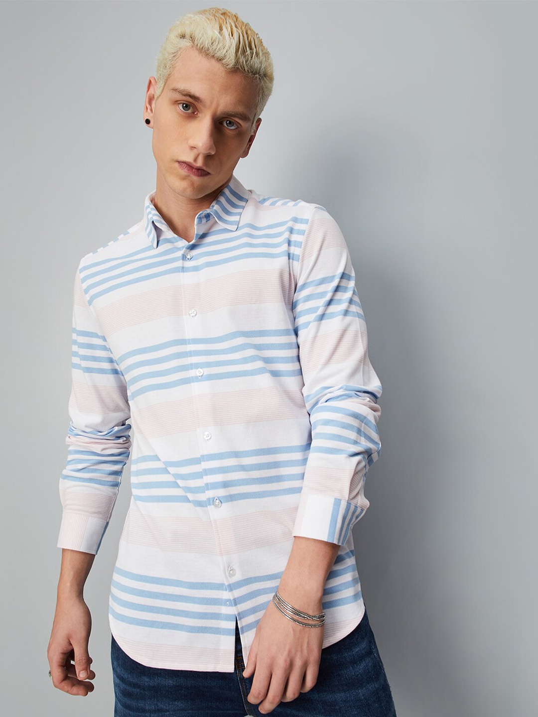 

max Men Horizontal Striped Pure Cotton Casual Shirt, White