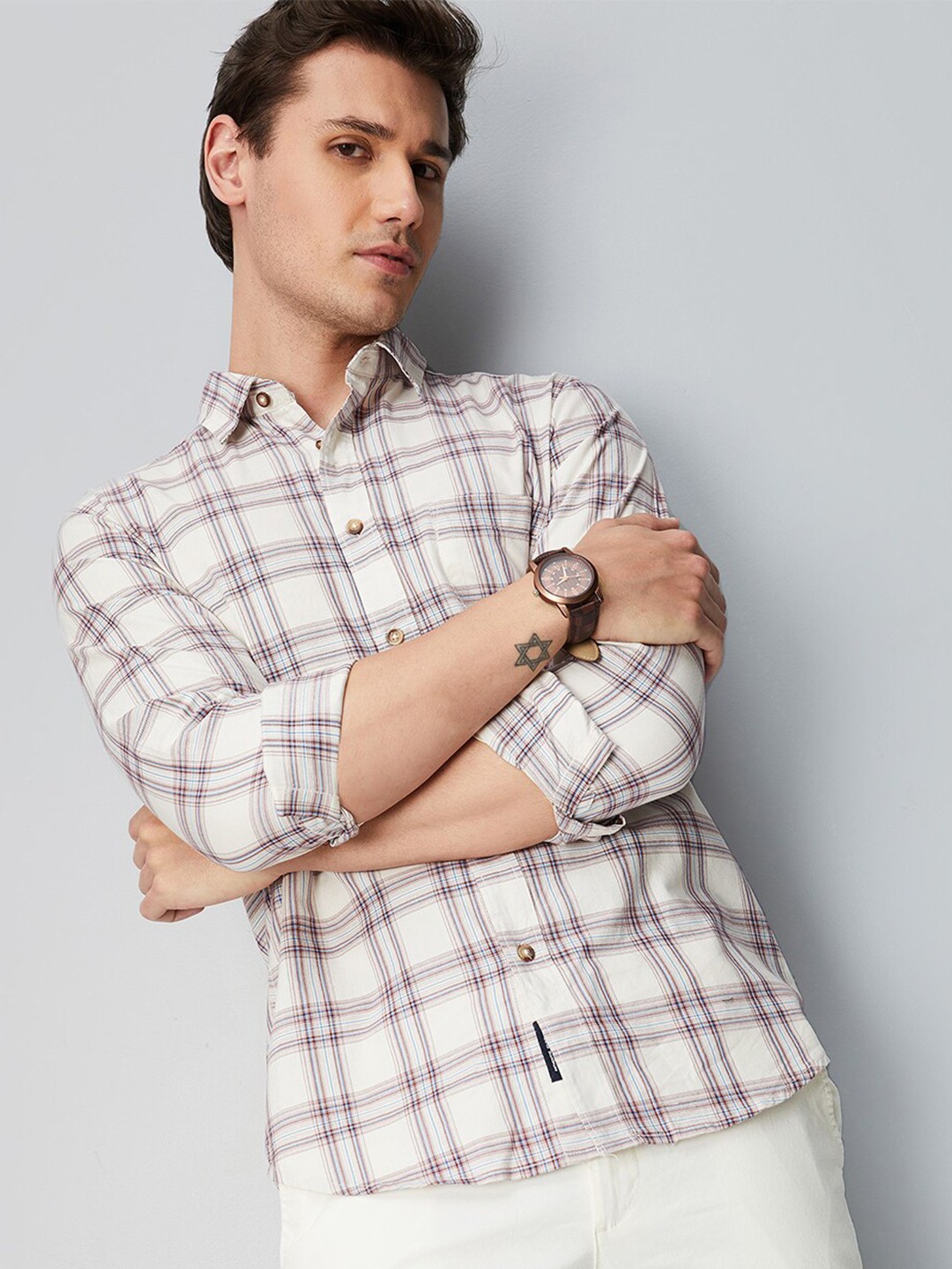 

max Men Tartan Checked Pure Cotton Casual Shirt, Beige