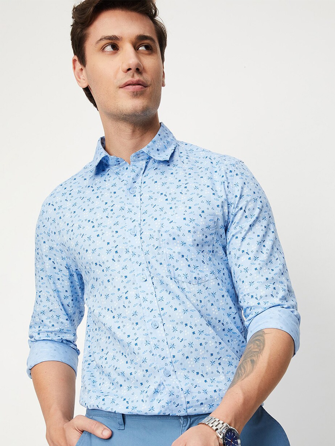 

max Men Floral Printed Pure Cotton Casual Shirt, Blue