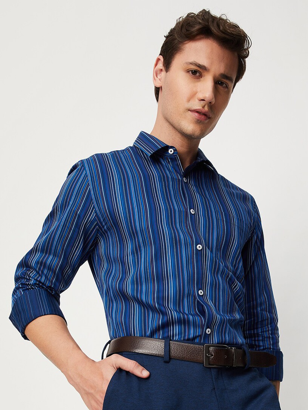 

max Men Striped Pure Cotton Casual Shirt, Blue
