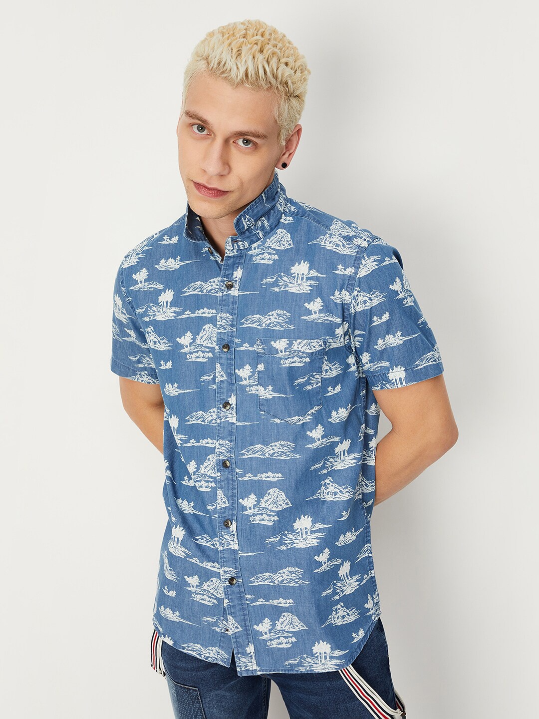 

max Men Printed Regular Fit Casual Shirt, Blue