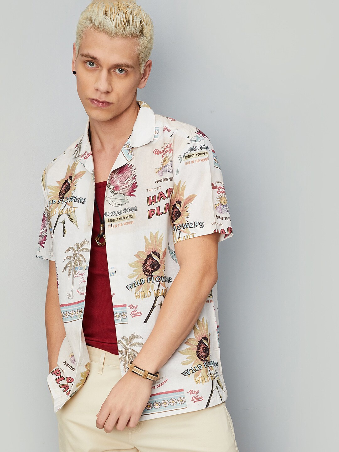 

max Men Typography Printed Pure Cotton Casual Shirt, Beige