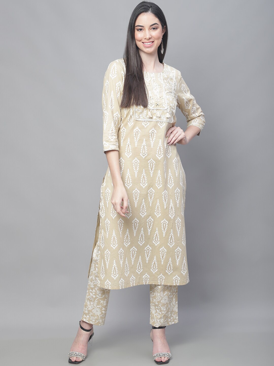 

Cantabil Ethnic Motifs Printed Mirror Work Pure Cotton Kurta with Trousers, Beige