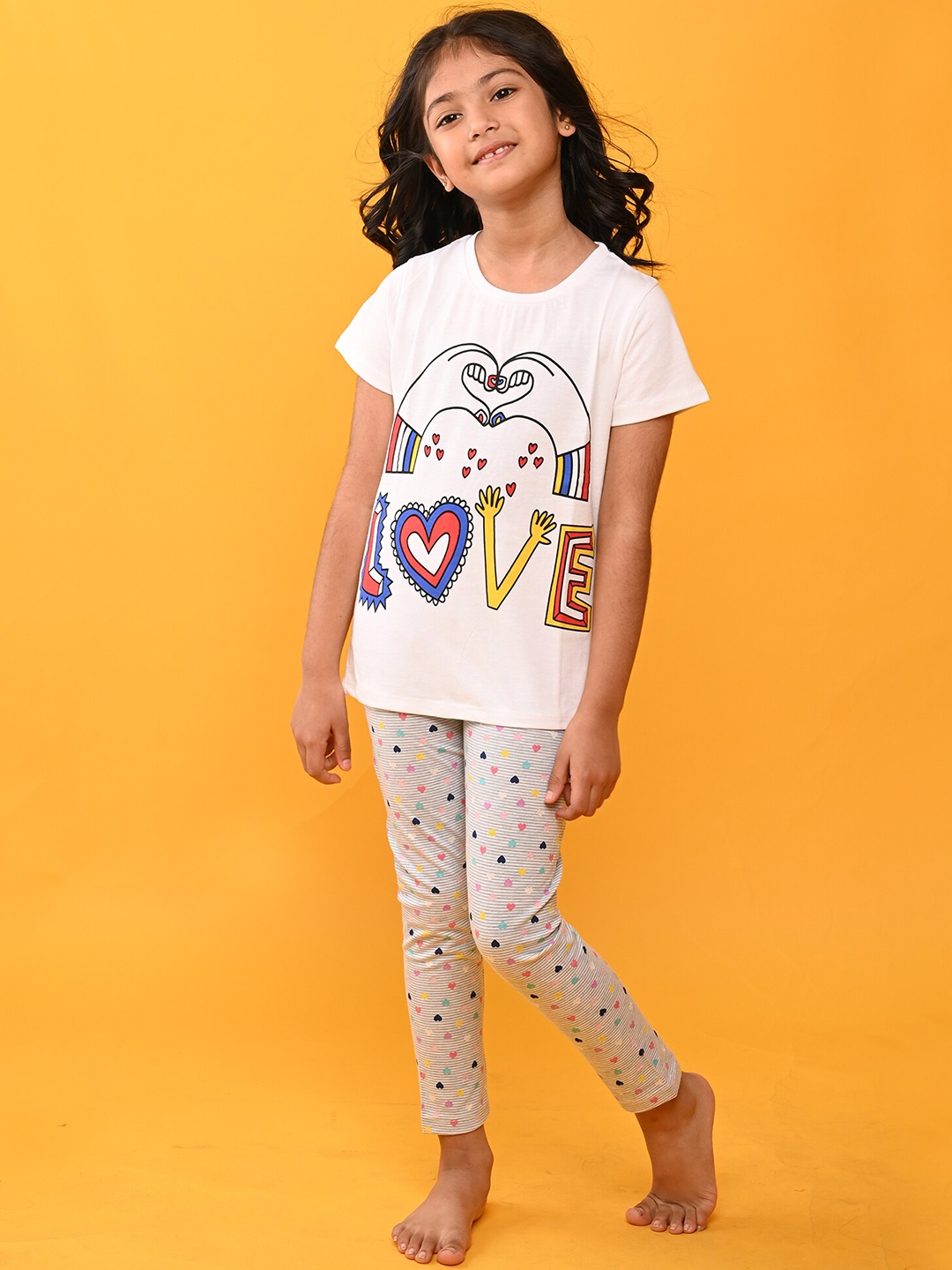 

Anthrilo Girls Pure Cotton Printed T-shirt with Leggings Set, White