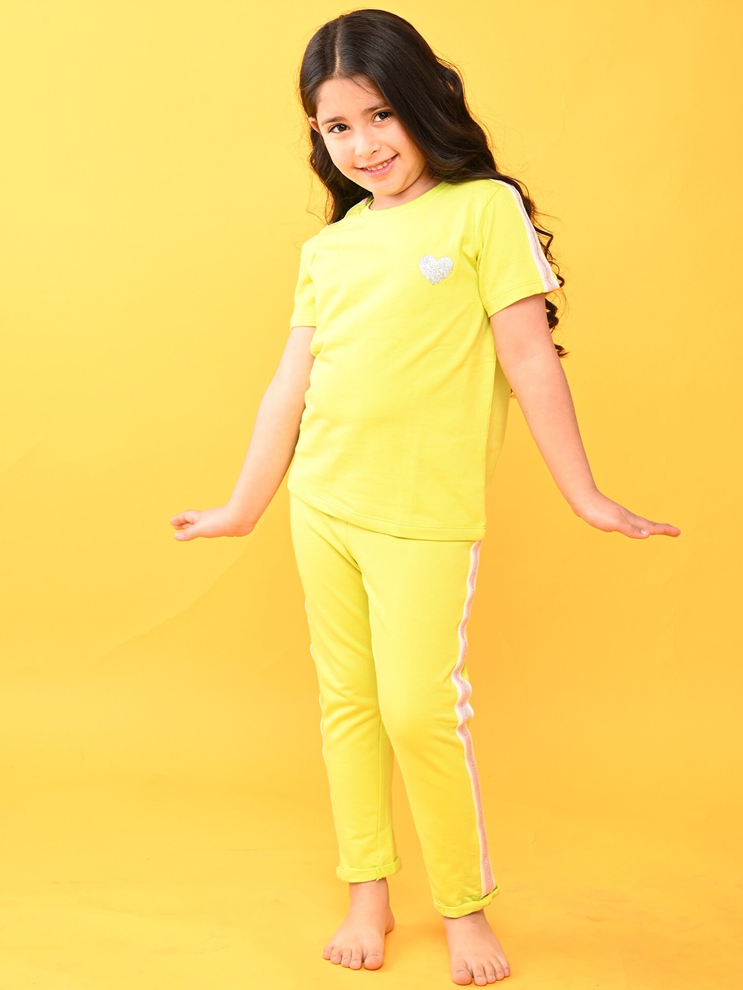 

Anthrilo Girls Pure Cotton Striped T-shirt with Pyjamas Set, Lime green