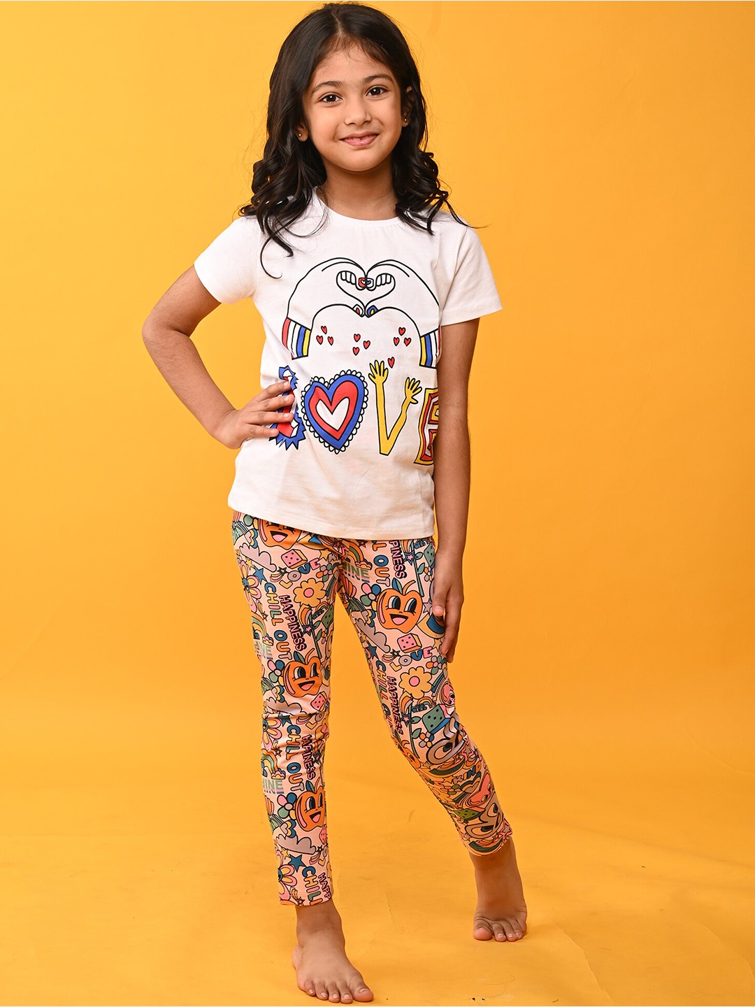 

Anthrilo Girls Pure Cotton Printed T-shirt with Leggings Set, White