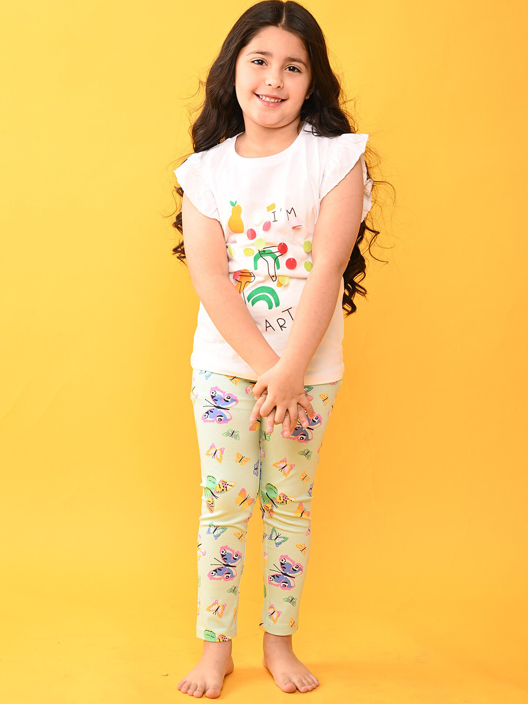 

Anthrilo Girls Pure Cotton Printed T-shirt with Leggings Set, White