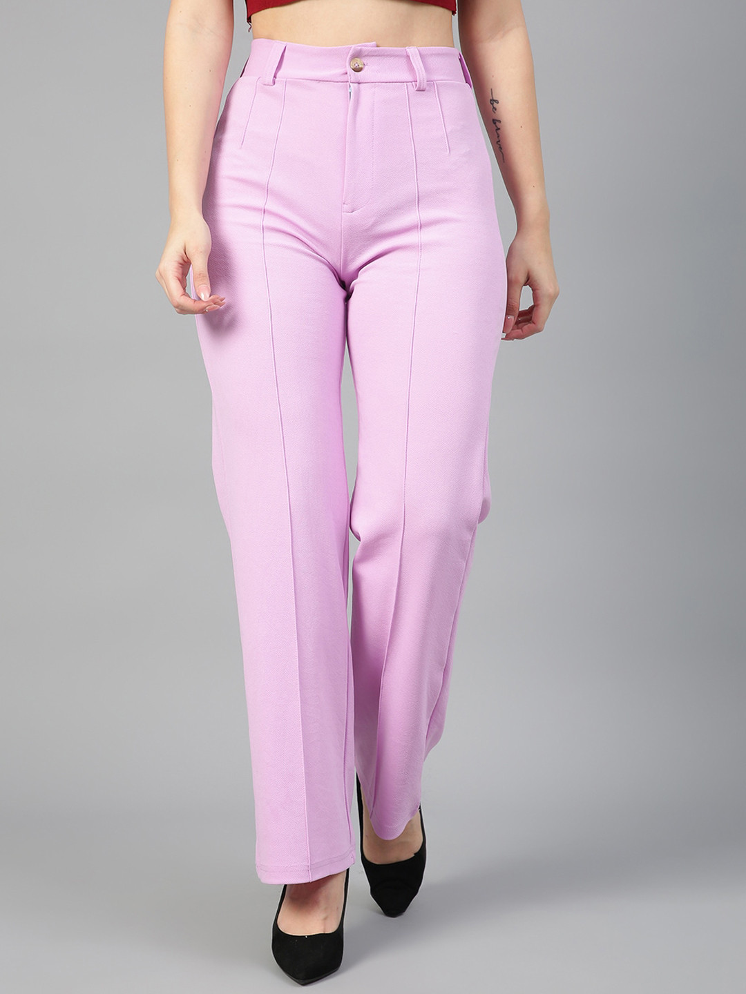

Kotty Women Relaxed Straight Fit High-Rise Easy Wash Parallel Trousers, Purple