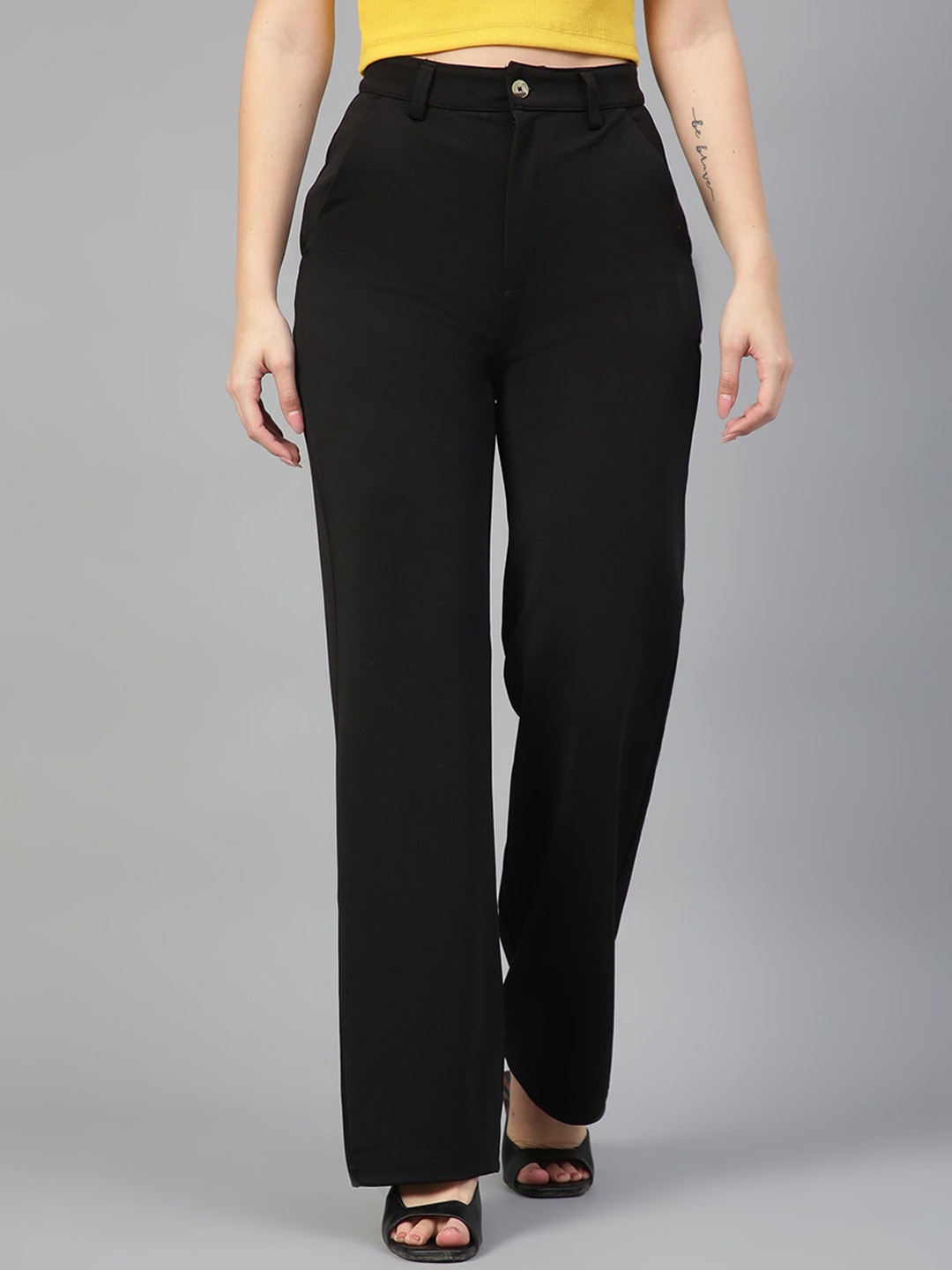 

KOTTY BIZwear Women Relaxed Straight Fit High-Rise Easy Wash Trousers, Black