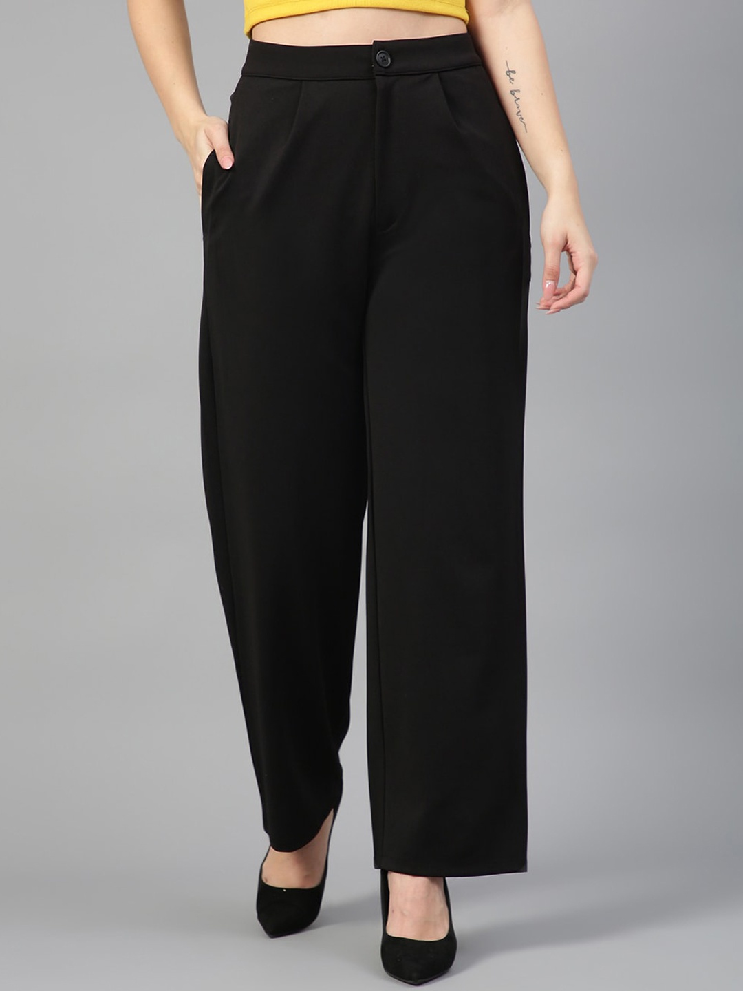 

KOTTY BIZwear Women Relaxed Straight Fit High-Rise Easy Wash Parallel Trousers, Black