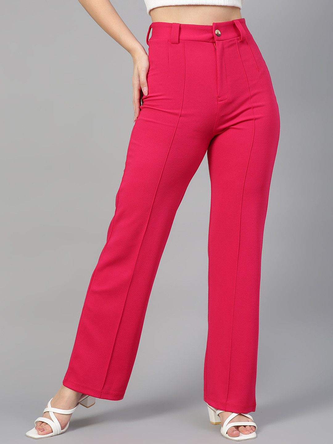 

KOTTY BIZwear Women Relaxed Straight Fit High-Rise Easy Wash Parallel Trousers, Pink