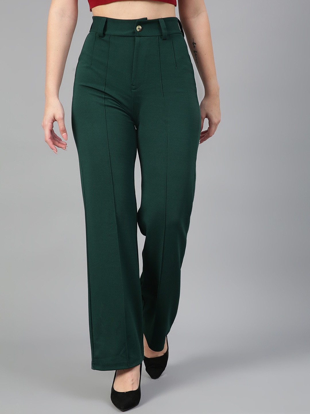 

Kotty Women Relaxed Straight Fit High-Rise Easy Wash Parallel Trousers, Green