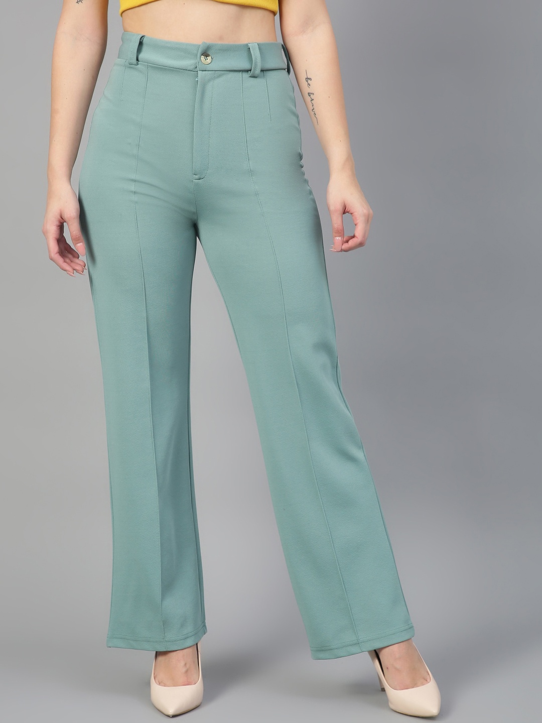 

KOTTY BIZwear Women Relaxed Straight Fit High-Rise Easy Wash Parallel Trousers, Sea green