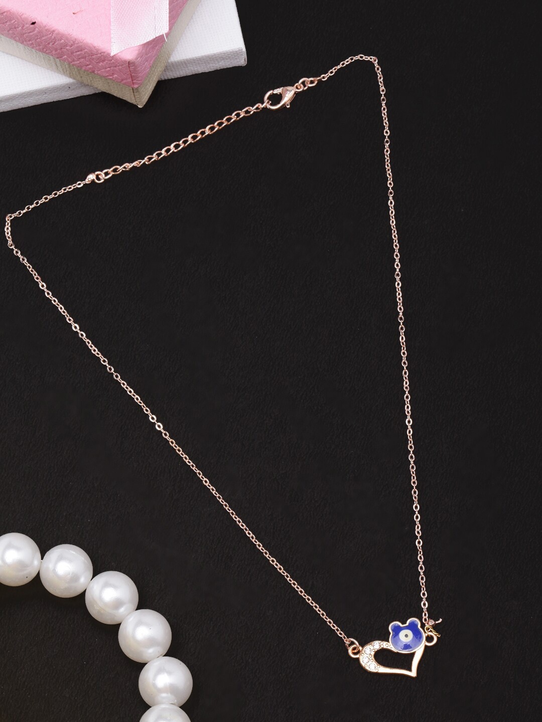 

DressBerry Rose Gold-Plated CZ Studded Evil Eye Enamelled Necklace, Blue