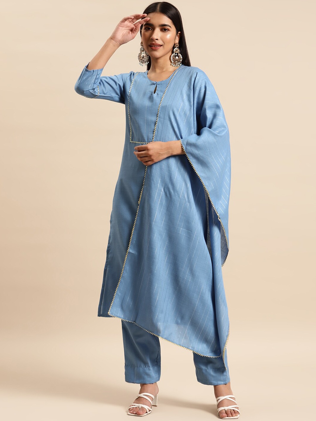 

KALINI Striped Gotta Patti Kurta with Trousers & With Dupatta, Blue
