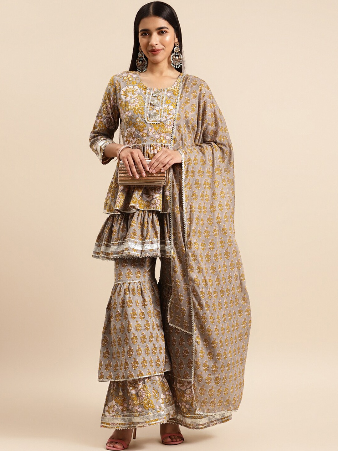 

KALINI Floral Printed Gotta Patti Pure Cotton Kurti with Sharara & Dupatta, Taupe
