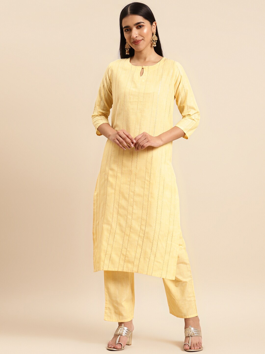 

KALINI Striped Pure Cotton Kurta with Trousers, Yellow