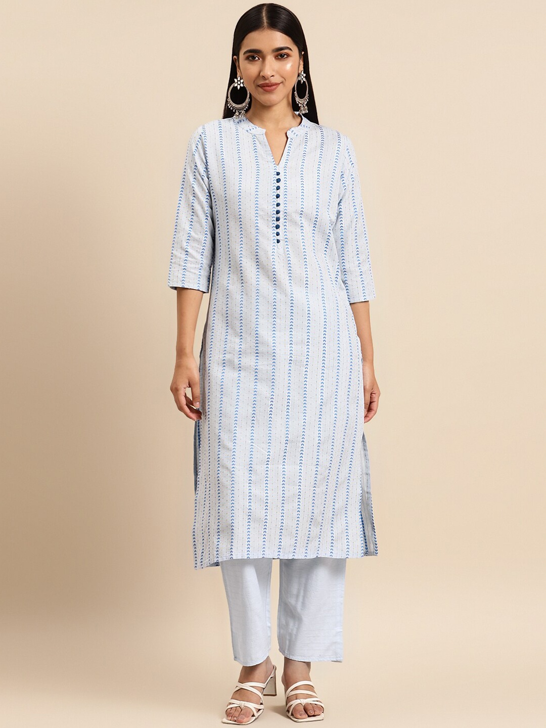 

KALINI Printed Pure Cotton Kurta with Trousers, Blue