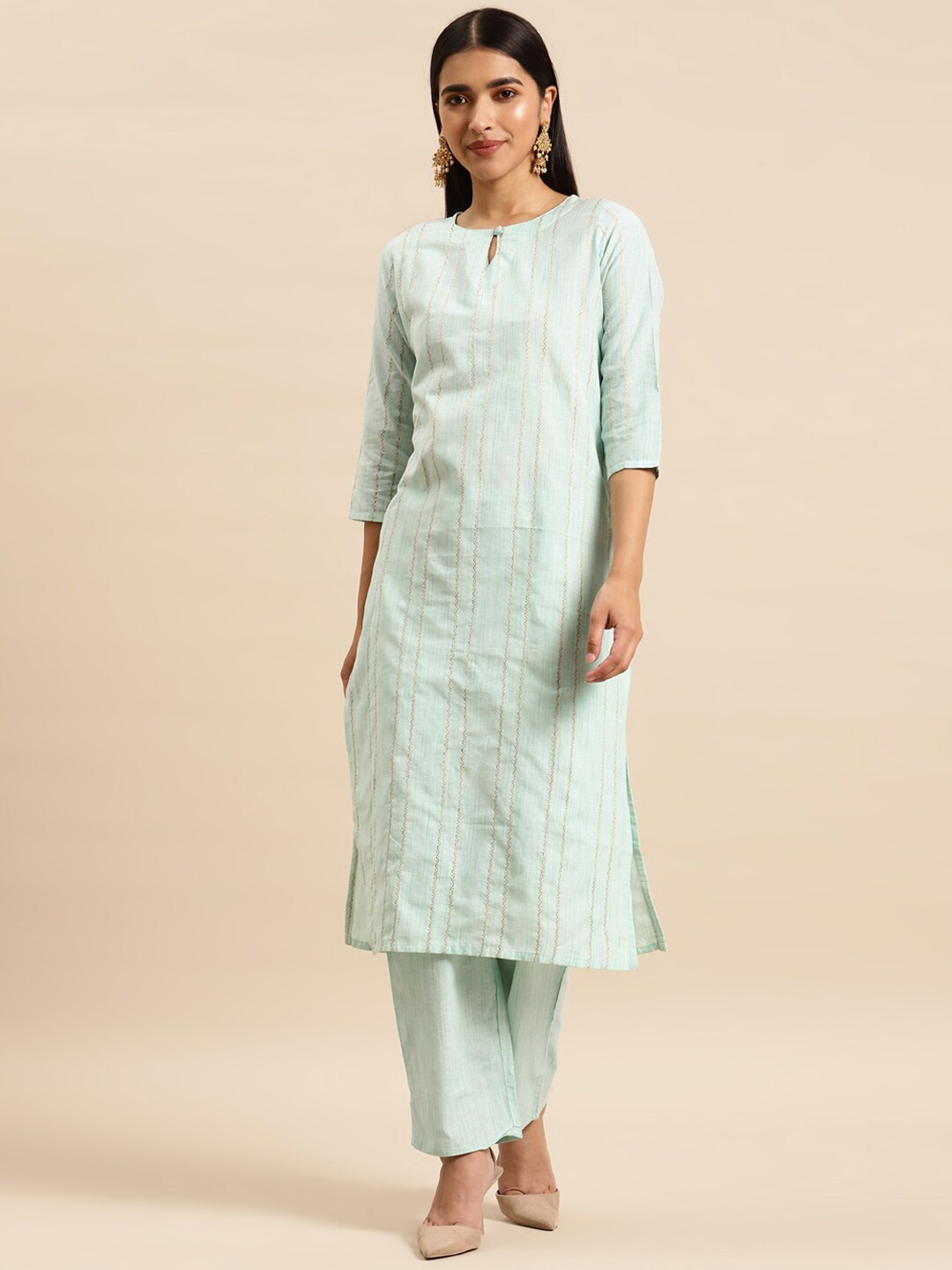 

KALINI Striped Keyhole Neck Pure Cotton Kurta with Trousers, Sea green