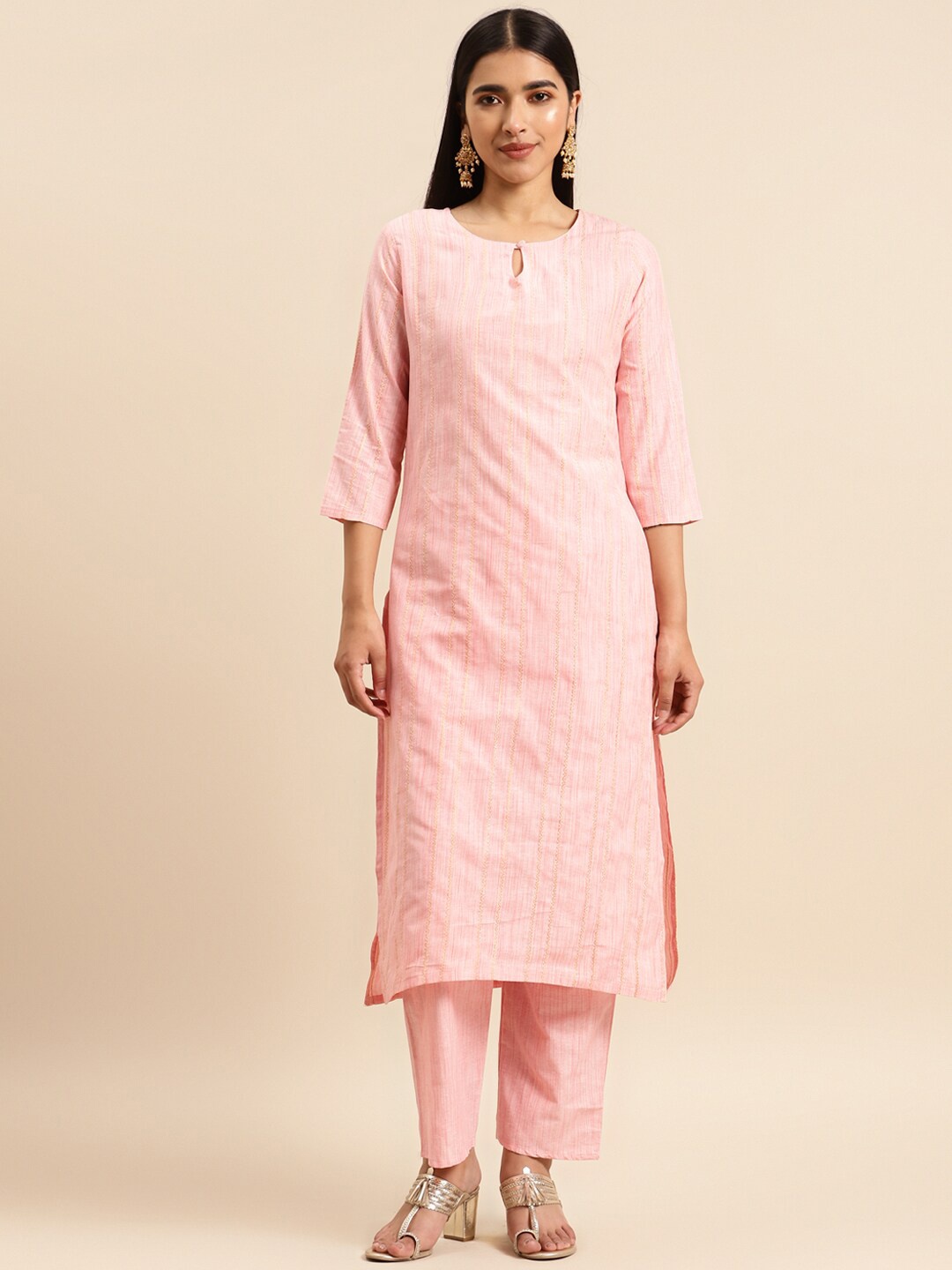 

KALINI Striped Pure Cotton Kurta with Trousers, Pink