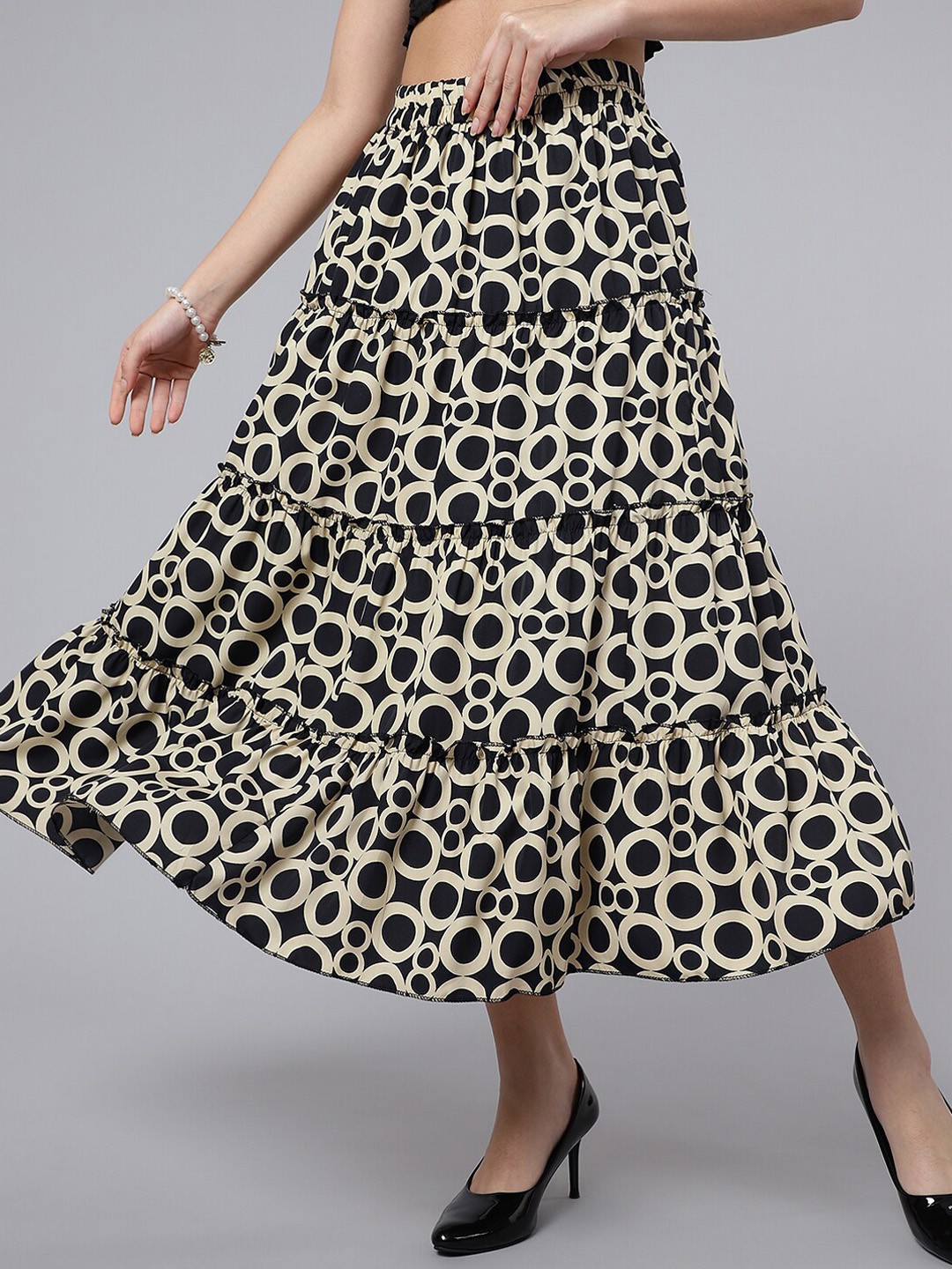 

Purple Feather Printed Midi Tiered Skirt, Black