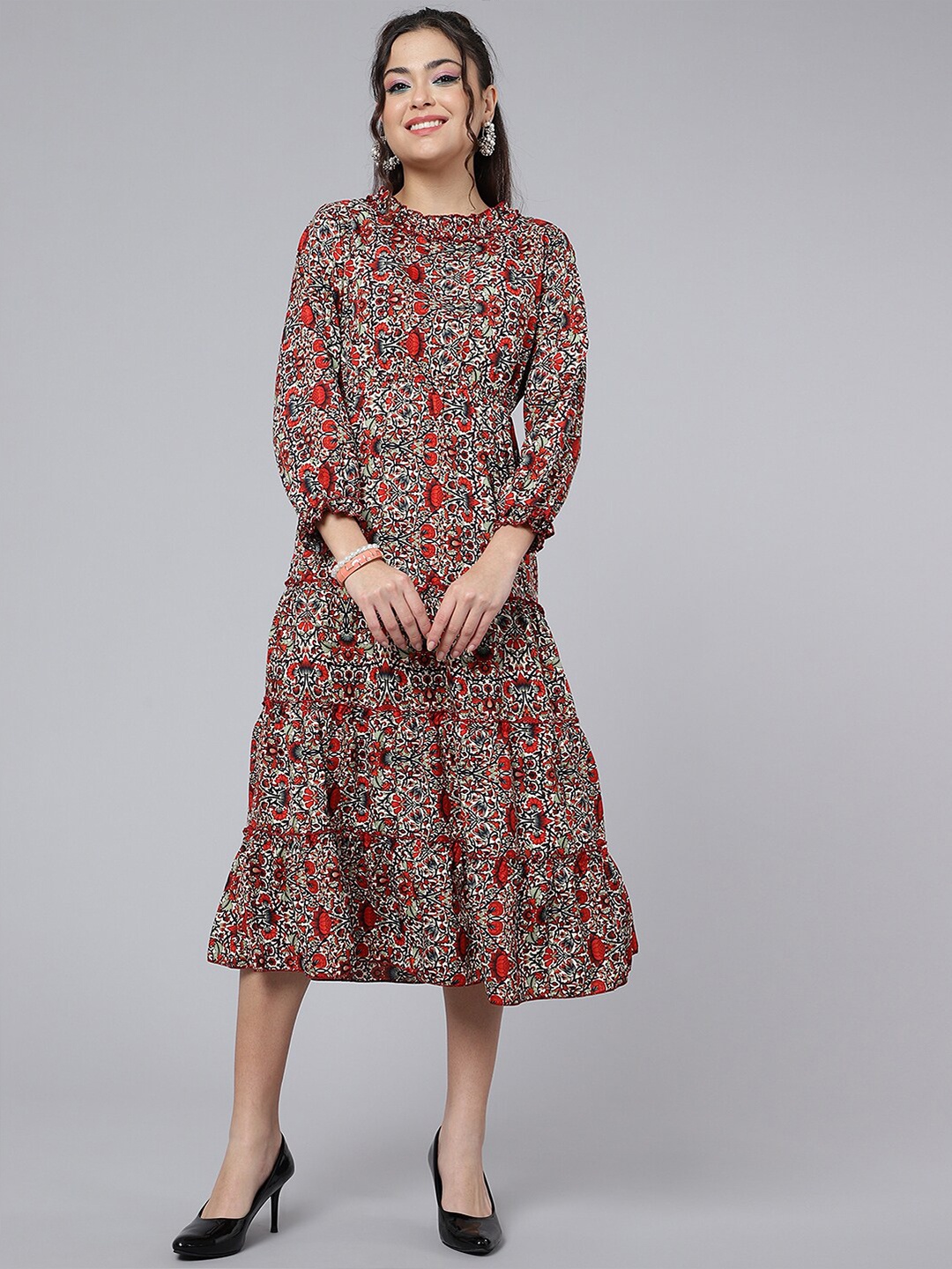 

Purple Feather Round Neck Floral Printed Tiered Crepe A-Line Midi Dress, White
