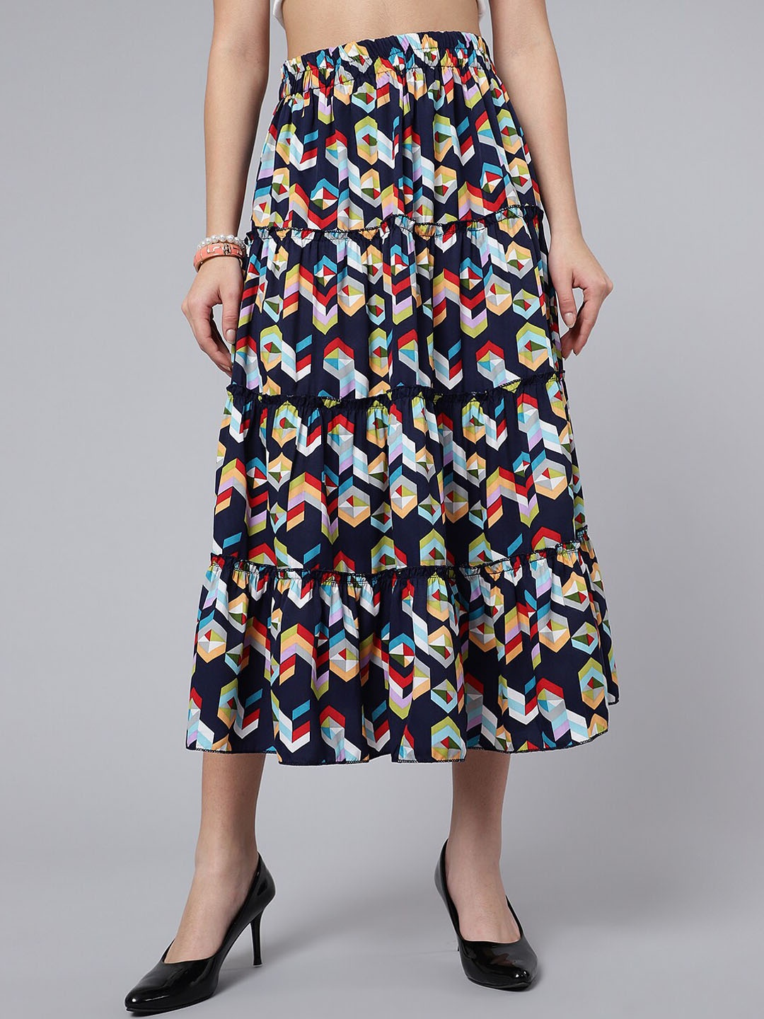 

Purple Feather Abstract Printed Mid-Length A-Line Tiered Skirt, Navy blue