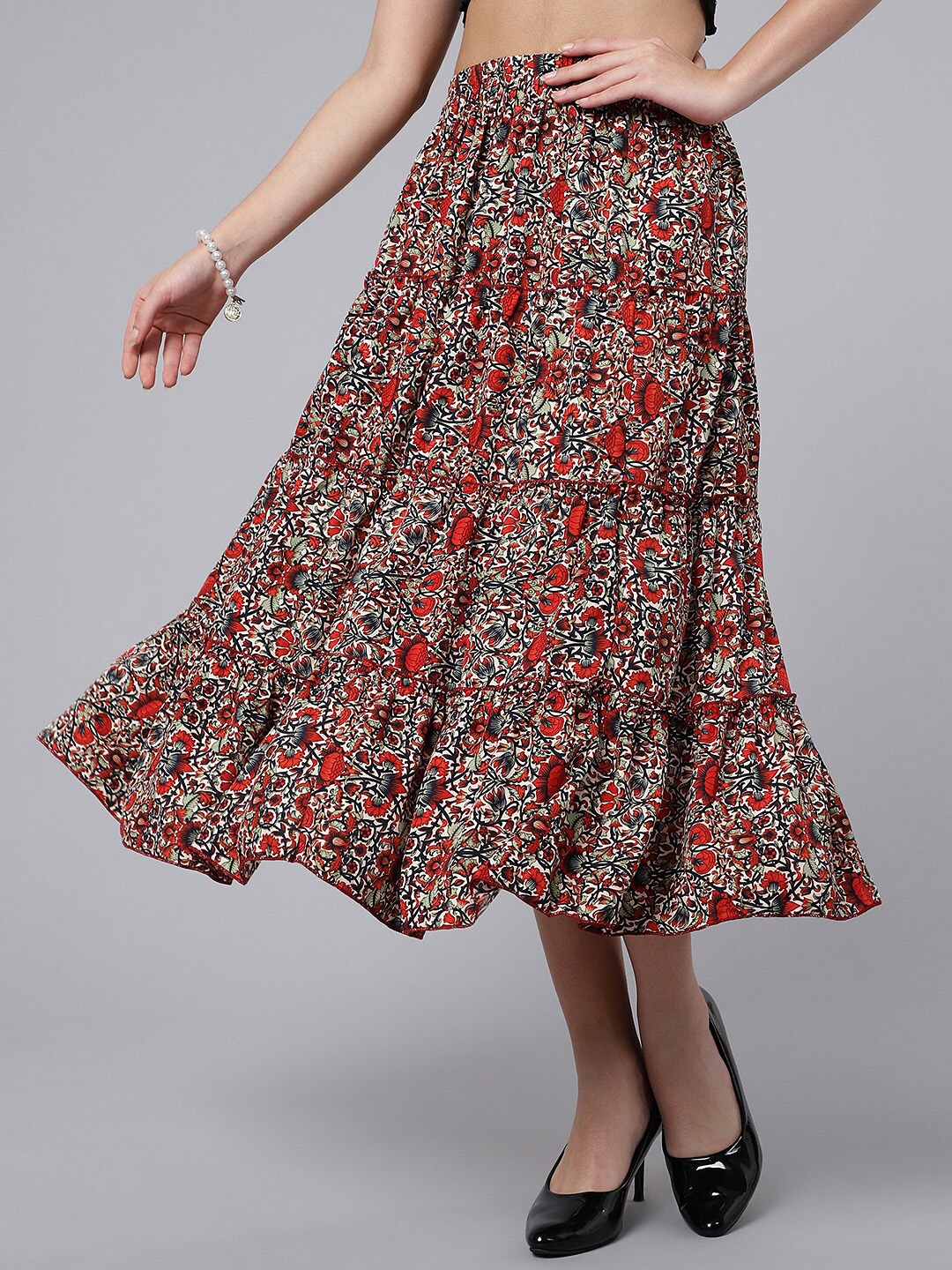 

Purple Feather Floral Printed Midi Tiered Skirt, White