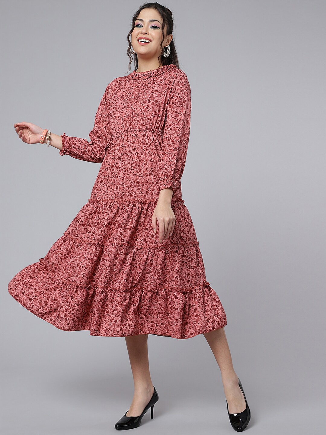 

Purple Feather Round Neck Floral Printed Tiered Crepe A-Line Midi Dress, Maroon