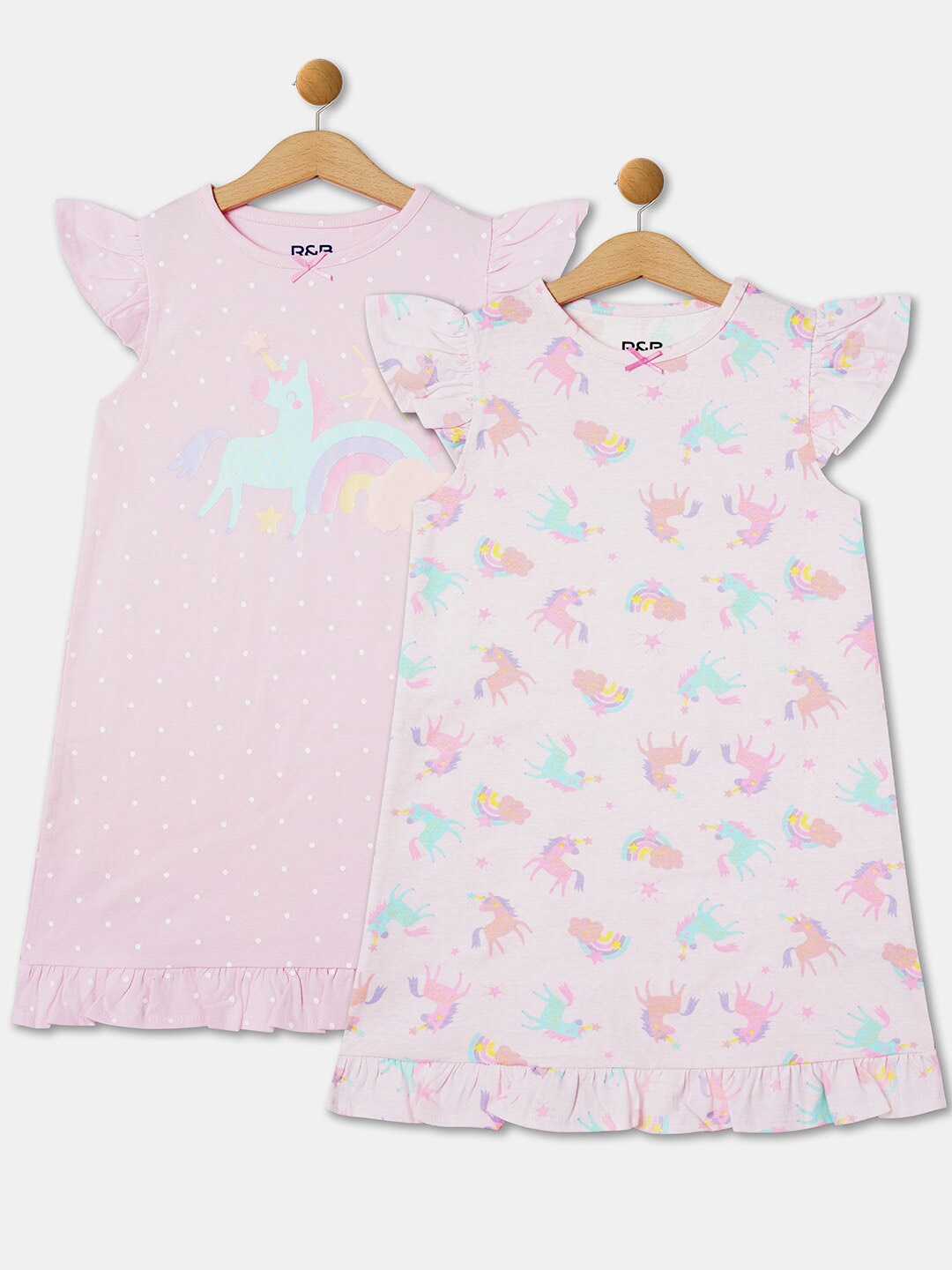 

R&B Girls Set Of 2 Printed Ruffled A-Line Cotton Dress, Pink