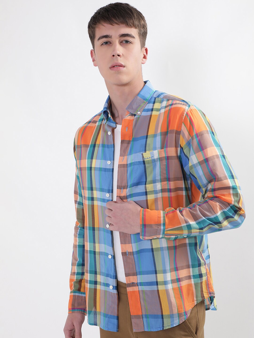 

GANT Classic Tartan Checks Opaque Checked Button Down Collar Organic Cotton Casual Shirt, Orange