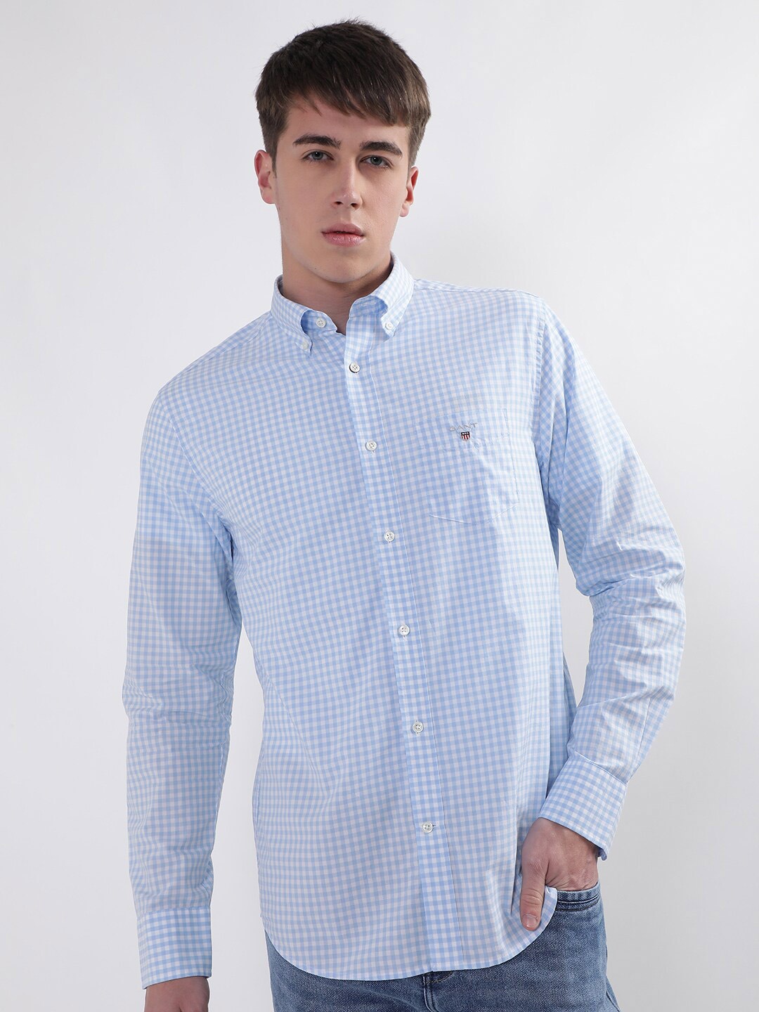 

GANT Classic Broadcloth Gingham Checks Checked Button Down Collar Cotton Casual Shirt, Blue