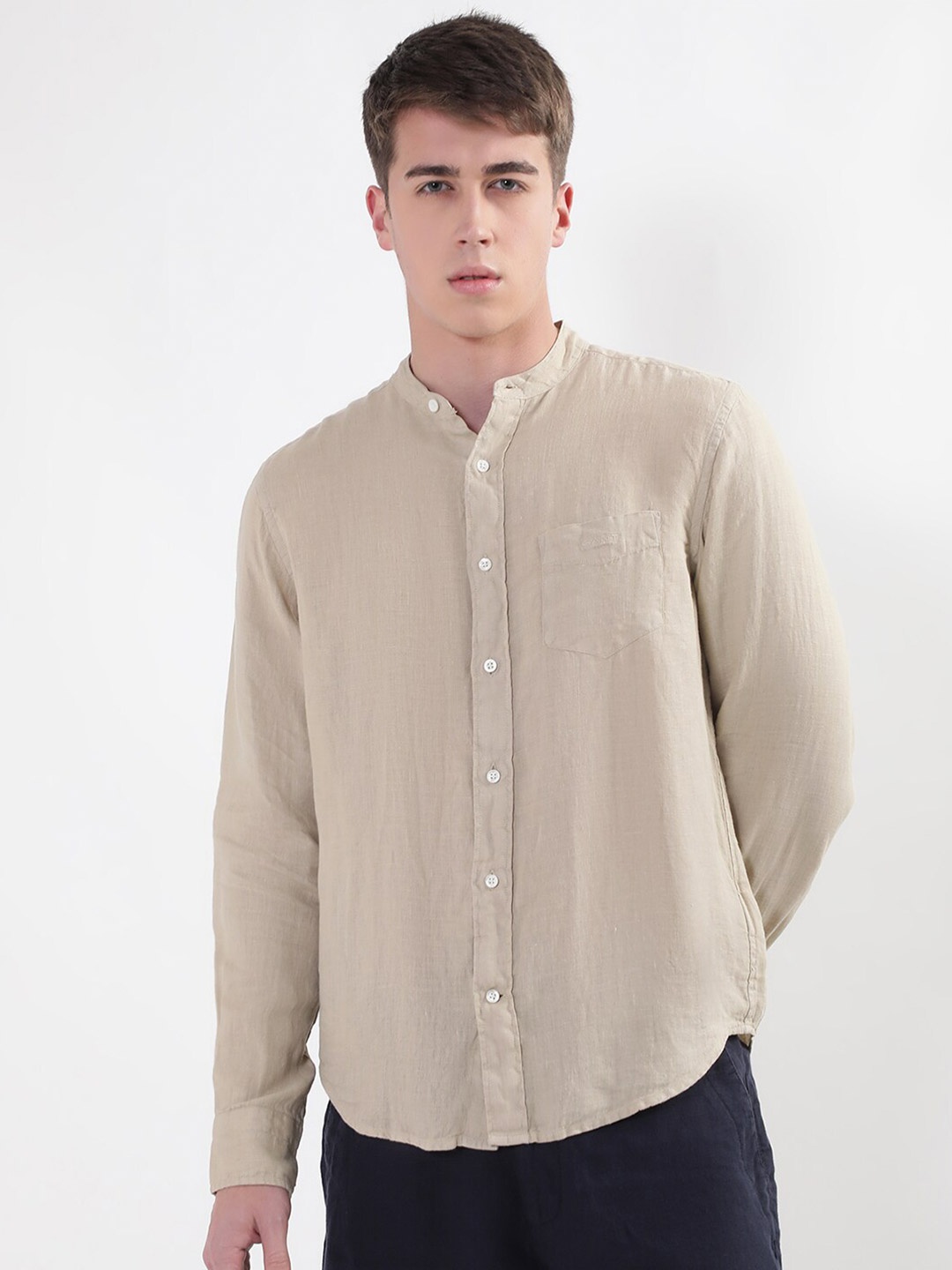 

GANT Classic Mandarin Collar Linen Casual Shirt, Beige