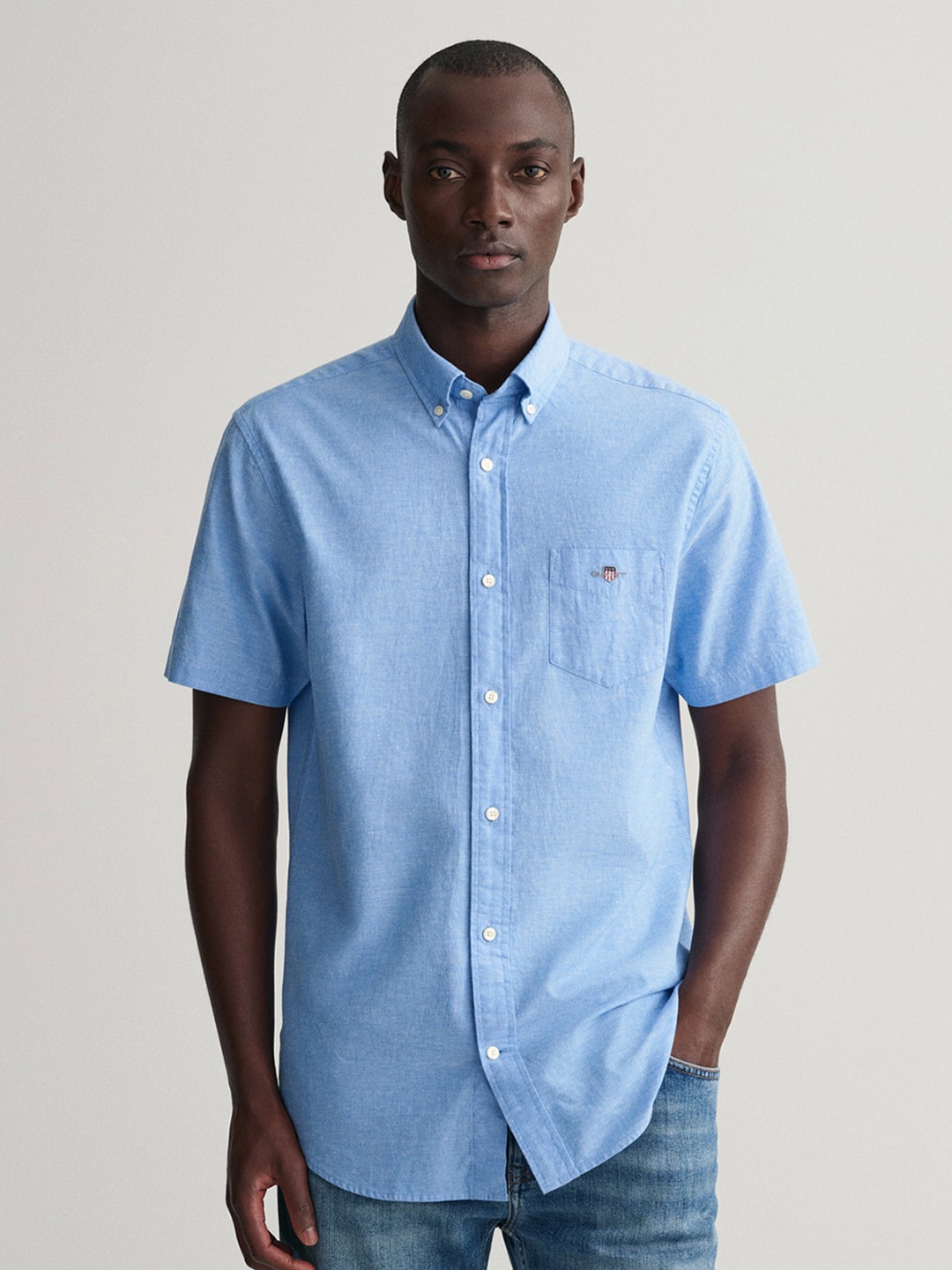 

GANT Classic Button Down Collar Opaque Cotton Linen Casual Shirt, Blue