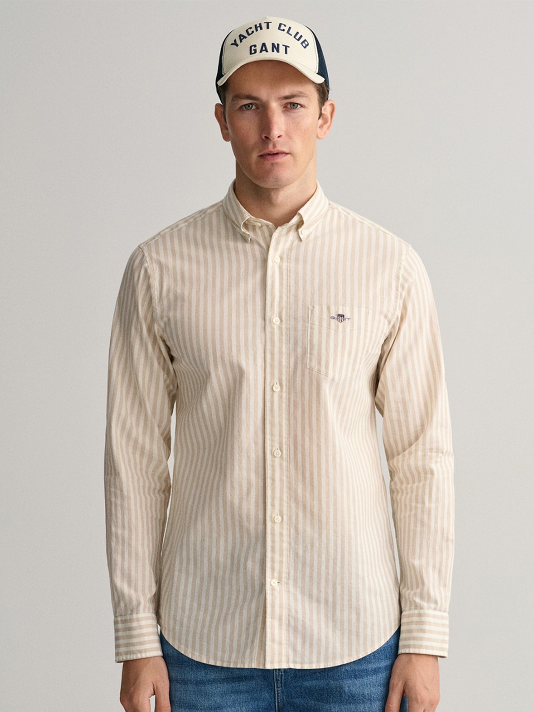 

GANT Classic Opaque Striped Button Down Collar Cotton Linen Casual Shirt, Beige