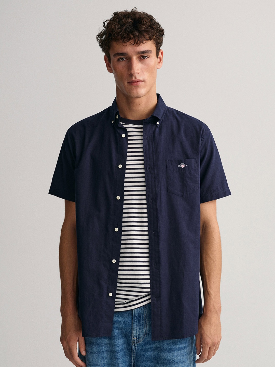 

GANT Classic Opaque Button Down Collar Cotton Linen Casual Shirt, Blue