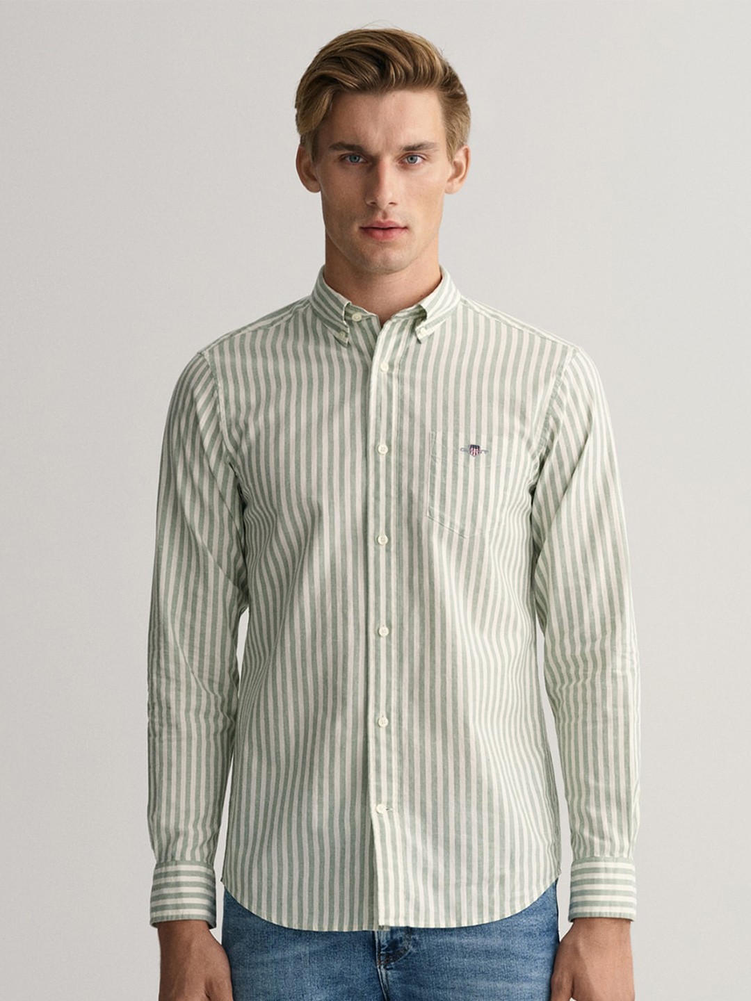 

GANT Classic Opaque Striped Button Down Collar Cotton Linen Casual Shirt, Green
