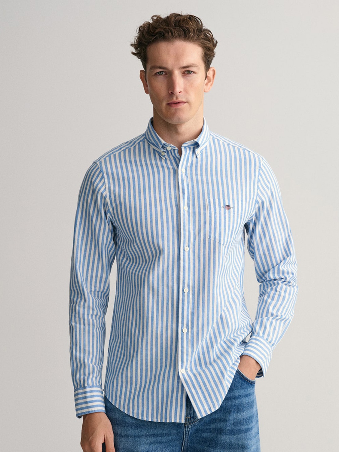 

GANT Classic Opaque Striped Button Down Collar Cotton Linen Casual Shirt, Blue