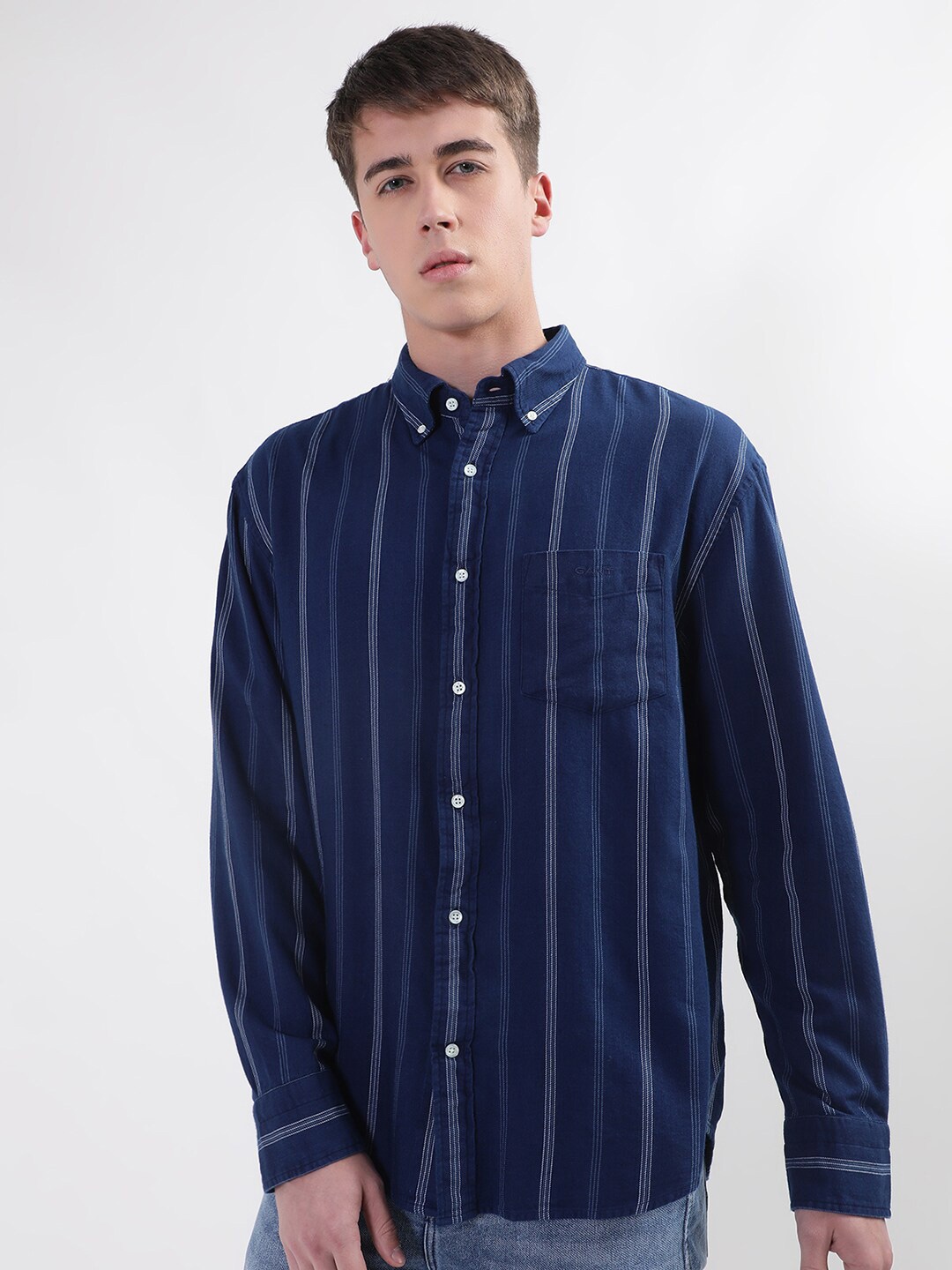 

GANT Relaxed Indigo Striped Button Down Collar Cotton Casual Shirt, Blue