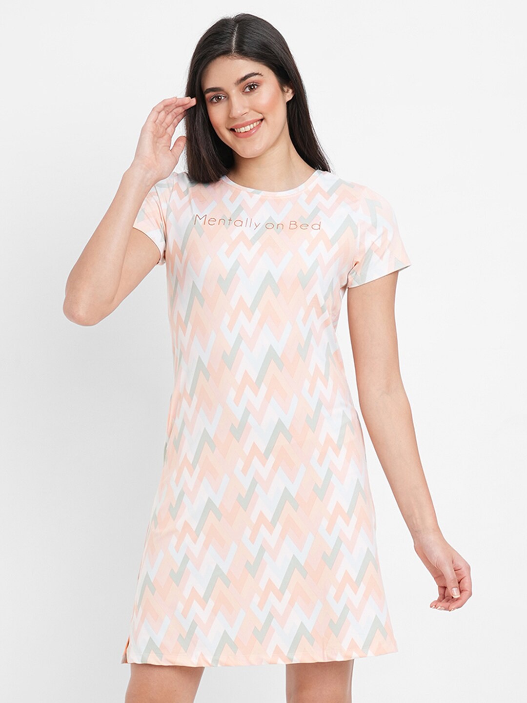 

Sweet Dreams Women Geometric Printed Nightdress, Peach