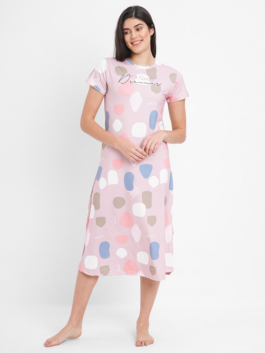 

Sweet Dreams Women Abstract Printed Nightdress, Pink